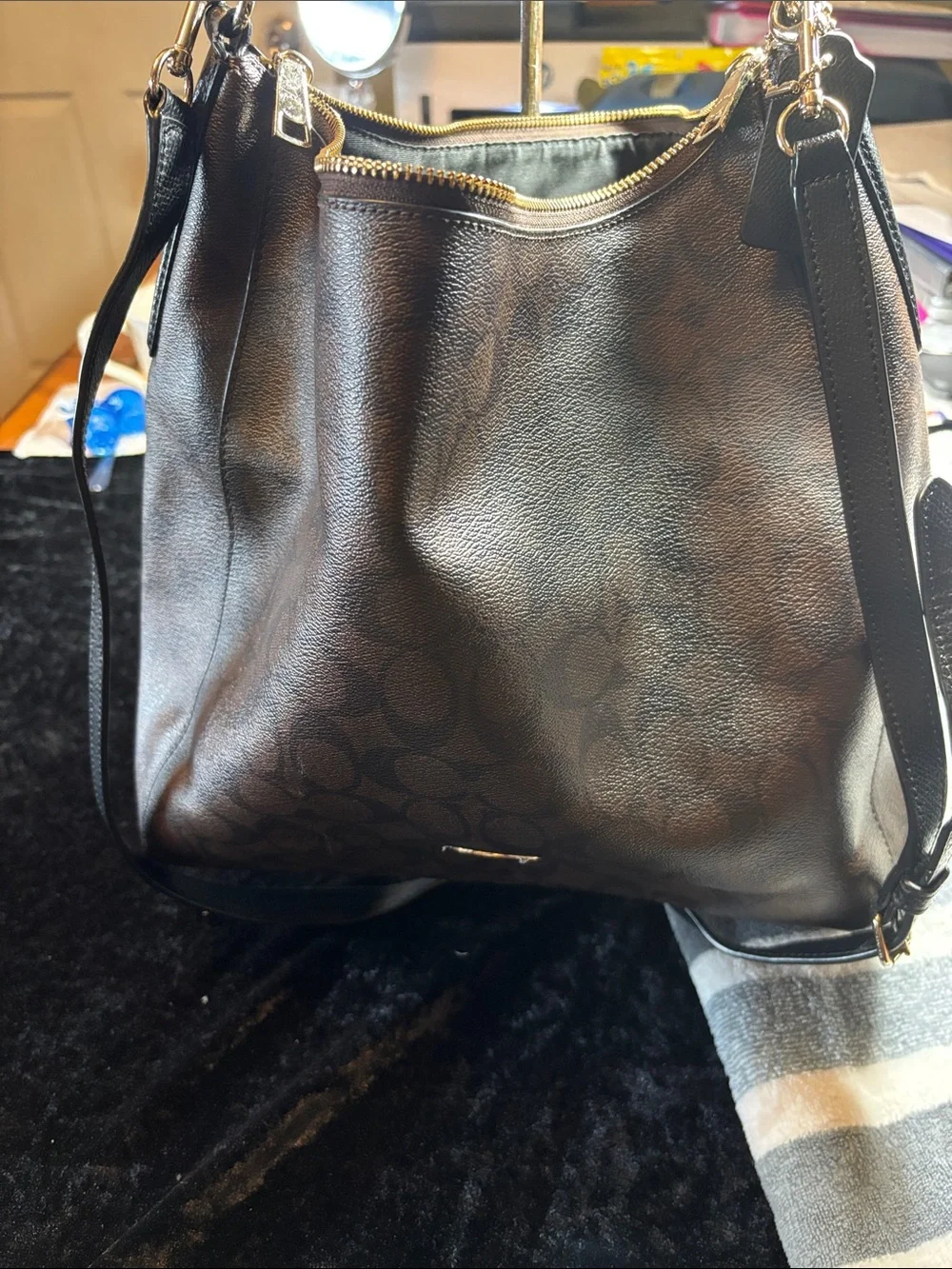 Coach Brown and Black Signature Leather Hobo